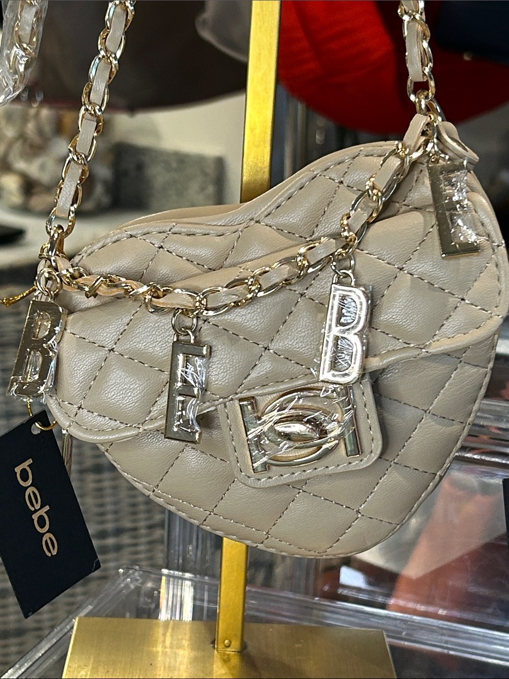 bebe Set of Beige Quilted Heart & Taupe Crossbody’s with Gold Chain straps NWT - Picture 5 of 7